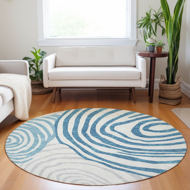 Premium Machine Washable Prisco Teal Rug, Round 8'