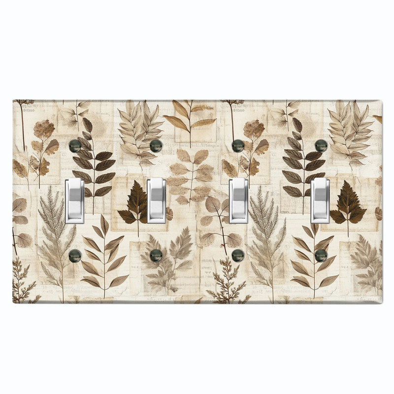 Couvercle de plaque d'interrupteur en métal; Bascule 4 bandes US standard - Feuilles botaniques rustiques, # 4 Quad bascule