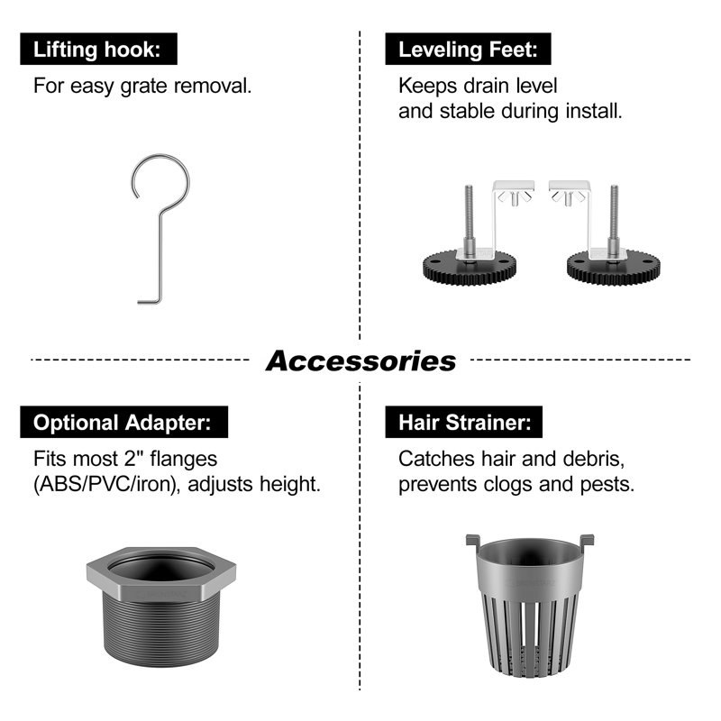 304 Stainless Steel Shower Drain, Removable Grate & Hair Catcher Bathroom Floor Drain With Waterproof Design For Tile Floor, Cupc Compliant