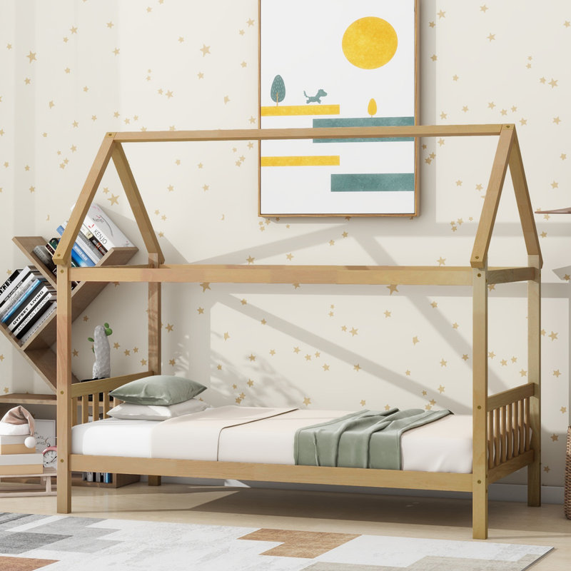 Lit simple avec tête et pied de lit, structure en bois d'hévéa, White Oak