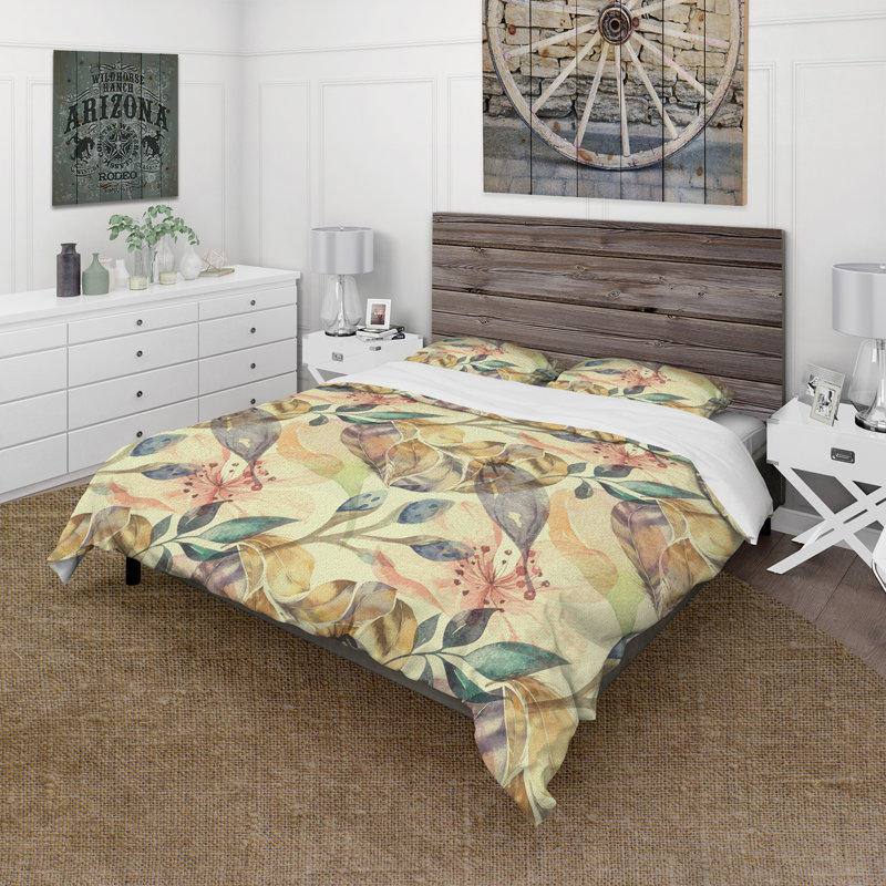 Boho rose et bleu fleurs - ensemble de housse de couette Cottage - microfibre de polyester, Jaune