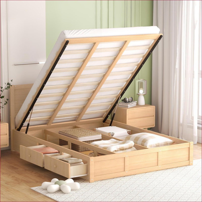 Grand lit plateforme de rangement en bois de pin sans sommier nécessaire Capacité de 600 lb couleur de bois pour la chambre à coucher