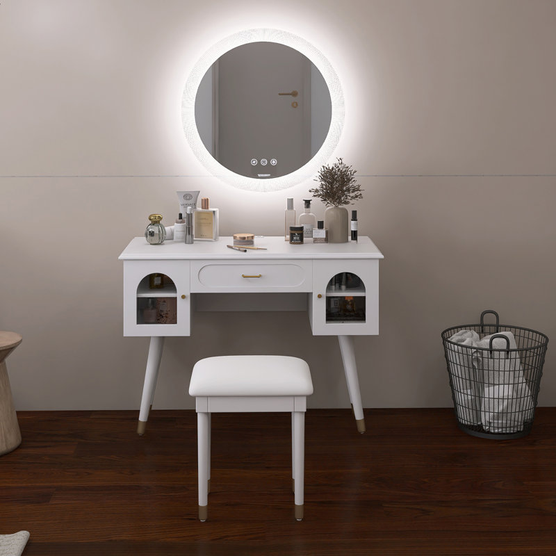 40 In. Makeup Vanity Desk With Writing Desk, Charging Port, White
