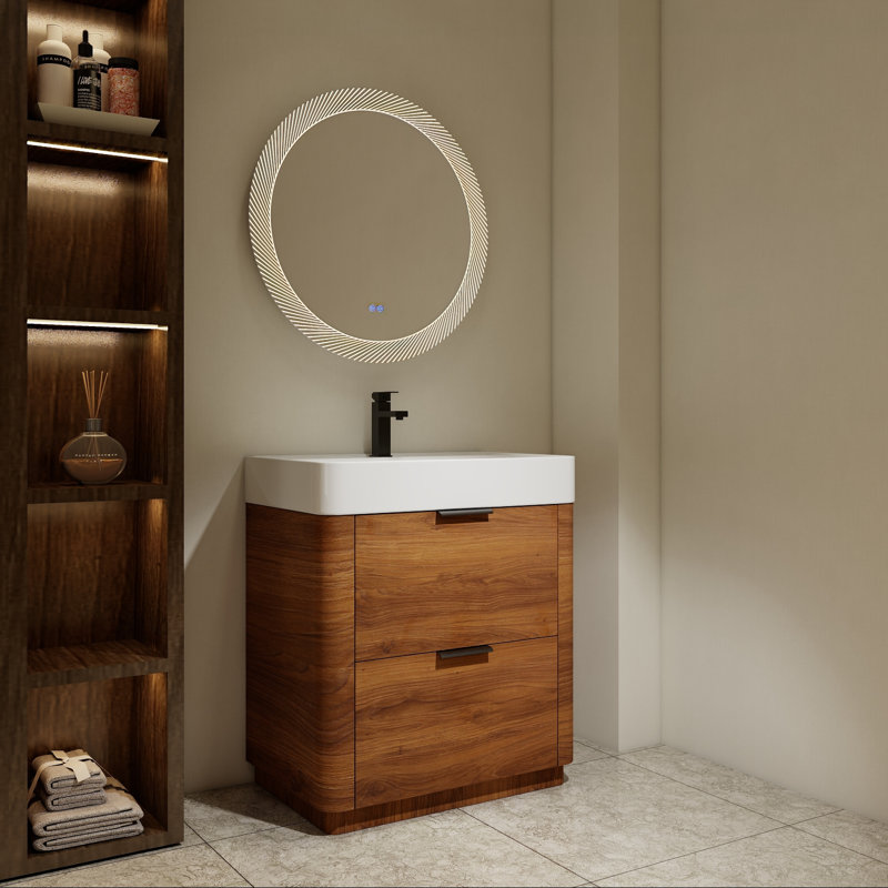 Meuble-lavabo moderne sur pied avec lavabo encastré en résine et deux tiroirs, 30"