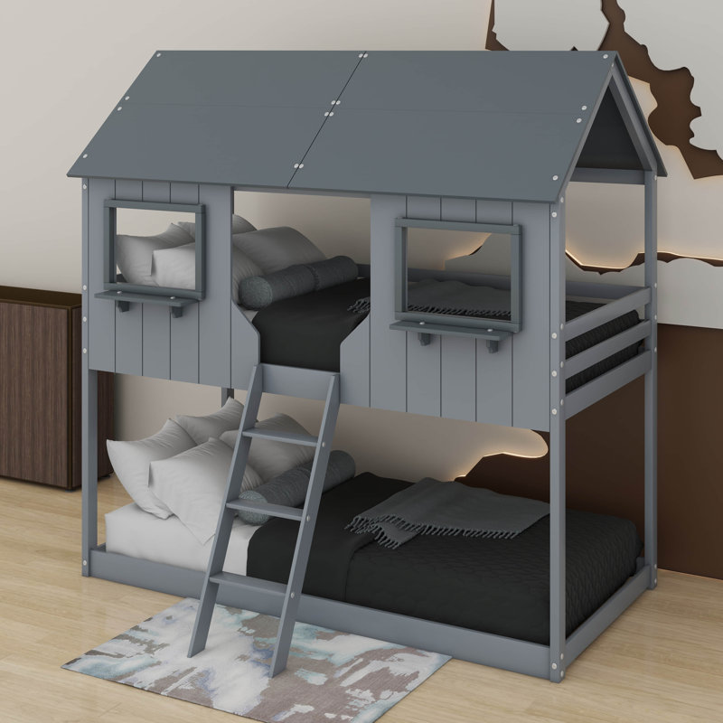 Twin Over Twin Bunk Bed Wood Bed, Gray