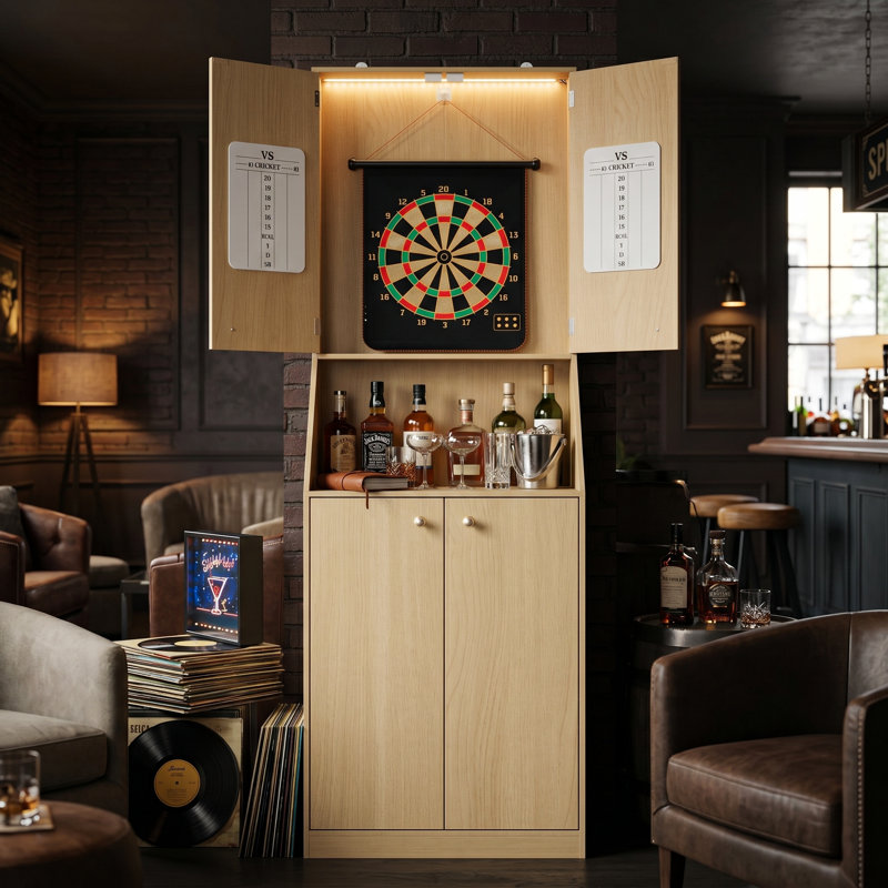 Armoire de jeu de fléchettes 74,8 "avec rangement, centre de jeu en bois avec tableau de pointage magnétique et lumière DEL