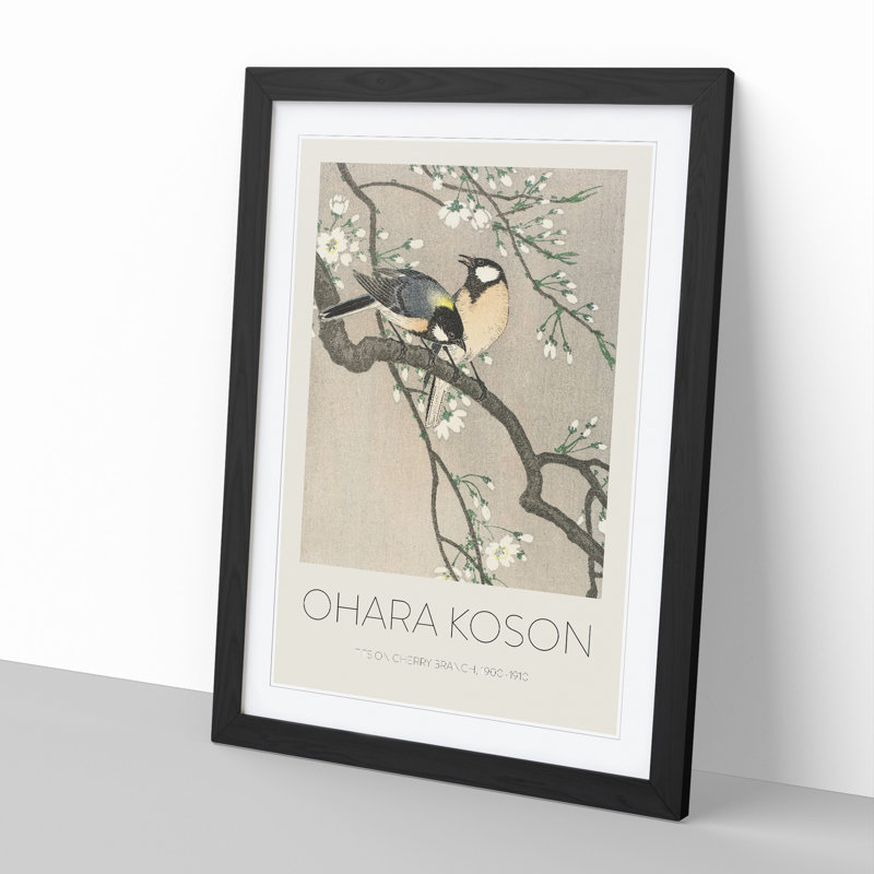 Tits on a Cherry Branch by Ohara Koson - Picture Frame Painting, 36cm H x 27cm W x 2cm D, Black Framed