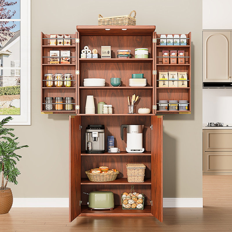 Armoire de cuisine, armoire de rangement cannelée moderne avec portes, Noyer