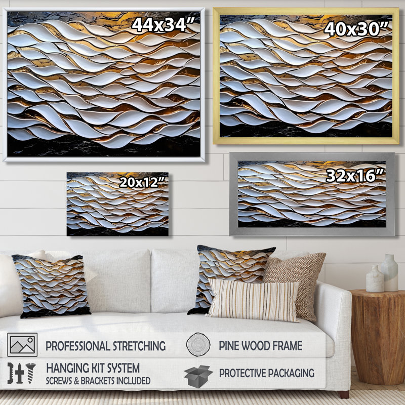 Cubic Wave White and Golden Underwater III - Abstract Cubism Print, art mural, H 12 po x l 20 po, Noir