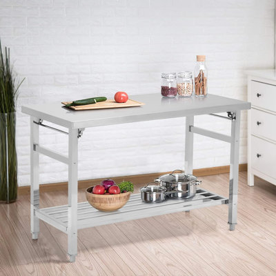 Table de salle à manger pliante robuste en acier inoxydable - Table de préparation commerciale à deux niveaux, sous-tablette réglable, pour la cuisine, le restaurant, le garage - 36 x 24 po - sans roues, épissure de tube carré à deux couches, 36 x 24 x 27,6 po