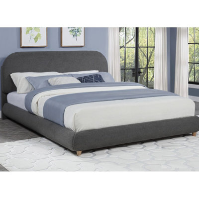Gray Fleece Upholstery, Contemporary, Queen-Size, Low-Profile, Platform Bed, Headboard, , Side Rails, Slat Kit, Bedroom Low-Profile Contemporary Queen-Size Bed In Wood Frame With Hardware And Rails