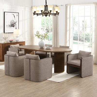 Trammell 7-Piece Mid-Century Modern Oval Wood Dining Table Set With Upholstered Arm Chairs