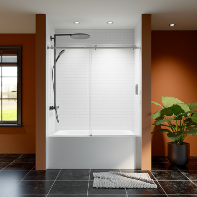 56"-60" W X 60" H Frameless Single Sliding Shower Door,  5/16" (8Mm) Thickened Upgrade Tempered Glass Door, Smooth Roller Stainless Steel Hardware, Reversible Mounted Modern Bathroom Enclosure