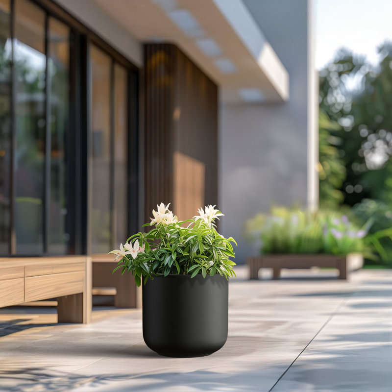Large Concrete Round Planter / Pot With Drainage Holes, 15.75" H x 17.32" W x 17.32" D, Charcoal Black