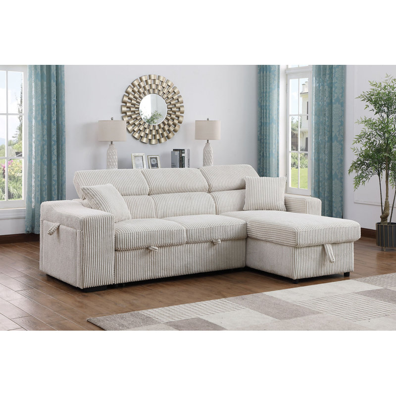 Adigun 97" Sofa Sleeper with Storage Chaise and Wireless Charger, Beige Corduroy