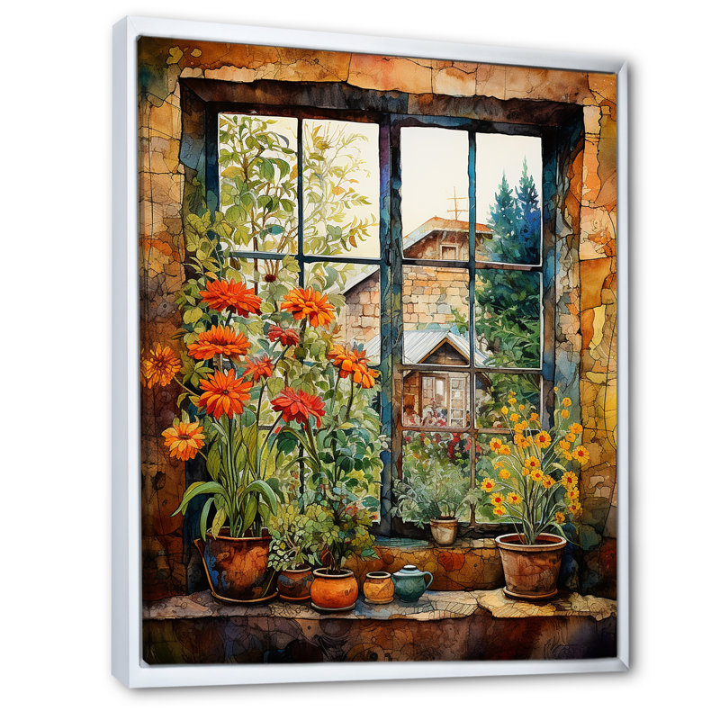 «Brown Farmhouse Window Blooms In Summer I», art mural fenêtres de ferme, Cadre flottant blanc, H 44 po x l 34 po