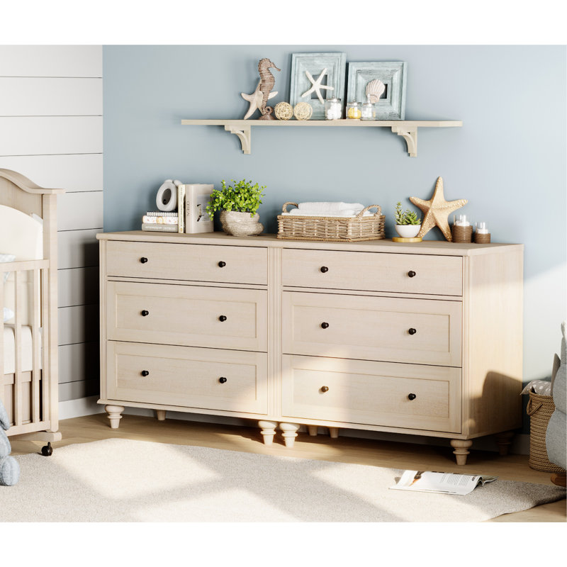 Scarlett Kids Dressers With 6 Drawers, Mid Century Modern Wooden Closet Storage Organizer For Living Room, Nursery, Hallway, Light Beige