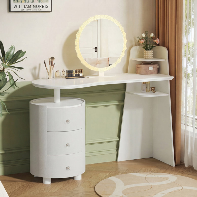 Coiffeuse avec miroir rond à DEL et armoire cylindrique tournante