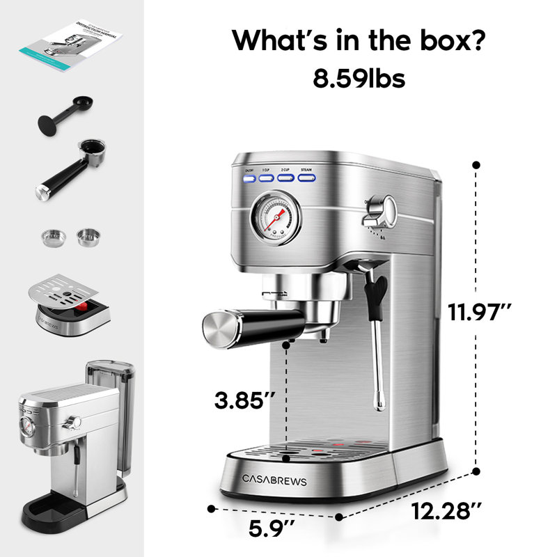Cafetière à espresso de 20 bars avec une puissante buse à vapeur en acier inoxydable, Argent argent