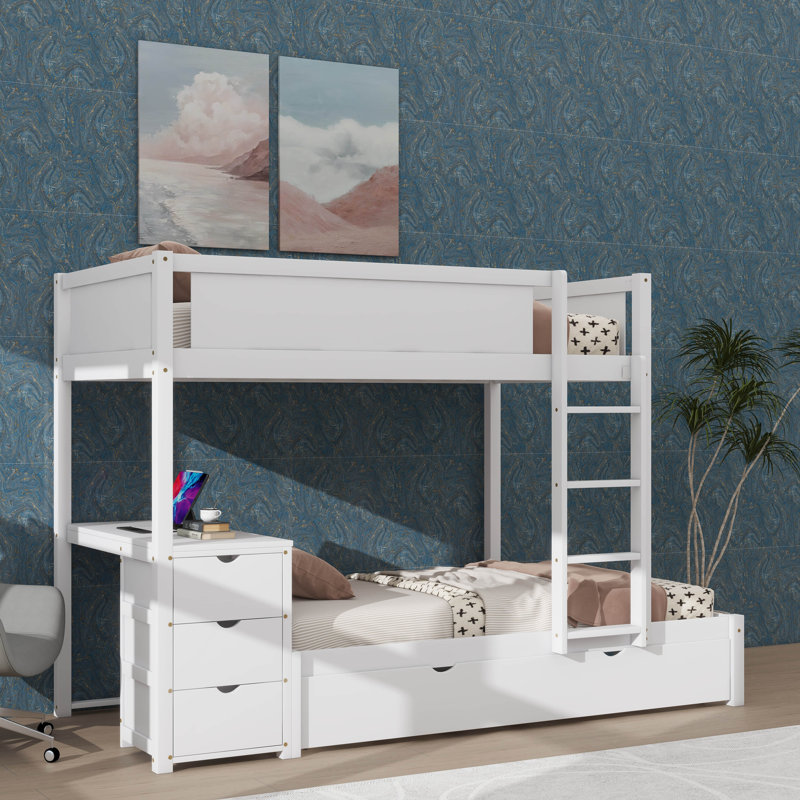 Le lit superposé comprend un lit gigogne supplémentaire, un espace de rangement et un bureau intégré, Simple sur simple