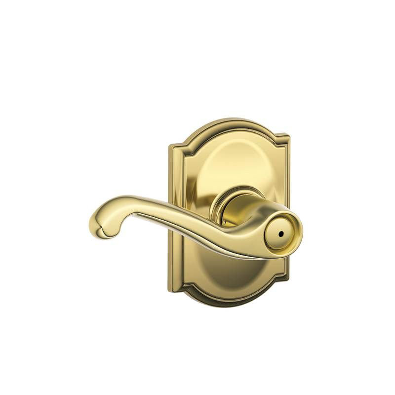 Flair Lever with Camelot Trim Bed and Bath Lock, Bright Brass