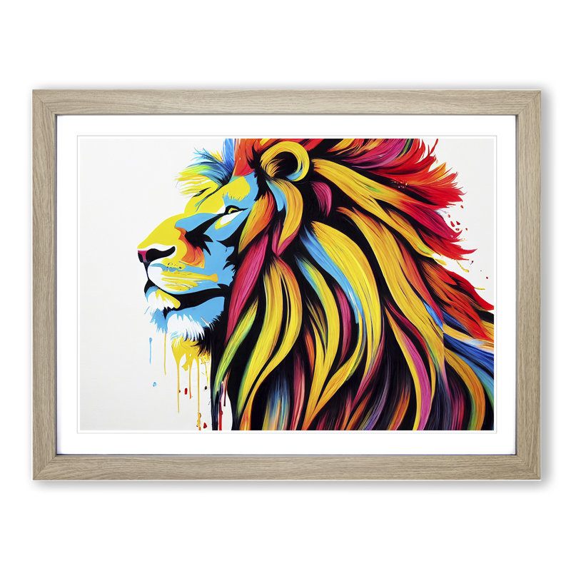 Colourful Lion Vol.1 Abstract - Painting, Oak Framed, 25cm H x 34cm W x 2cm D