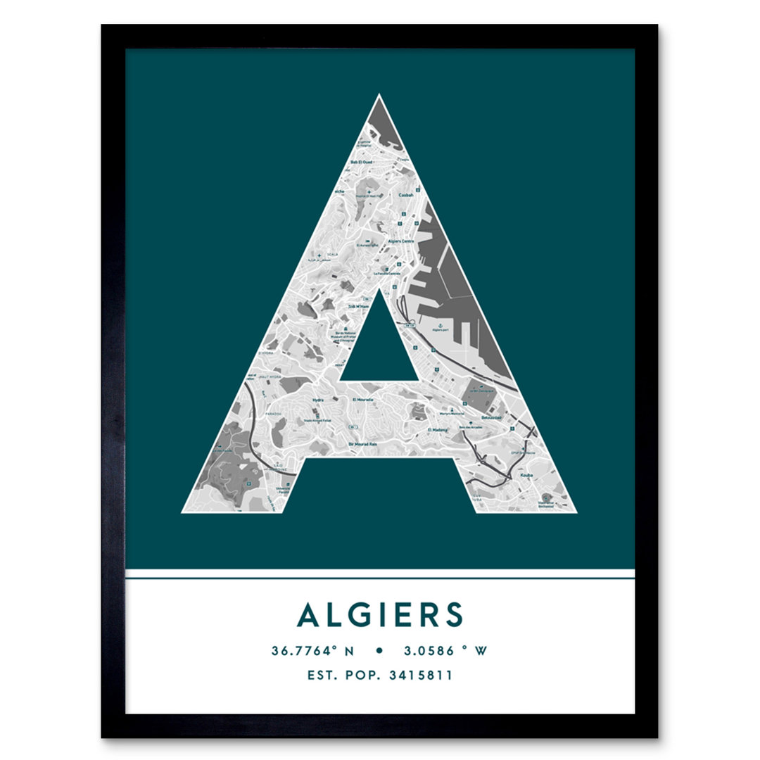 Algiers City Map Algiers Teal - Single Picture Frame Typography