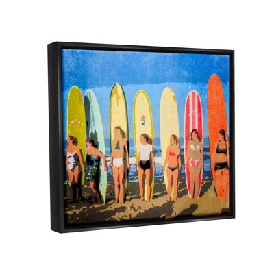 Stupell Industries Modern Pop Style Women Surfing Ocean Sports By Graffitee Studios - Floater Frame Print On Canvas In Jet Black Floater Frame