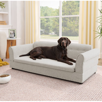 Canapé surdimensionné pour animal de compagnie, élégant canapé-lit surélevé en tissu de lin moderne, lit pour animal de compagnie rectangulaire surdimensionné confortable avec dossier et accoudoirs pour grands chiens surdimensionnés - beige