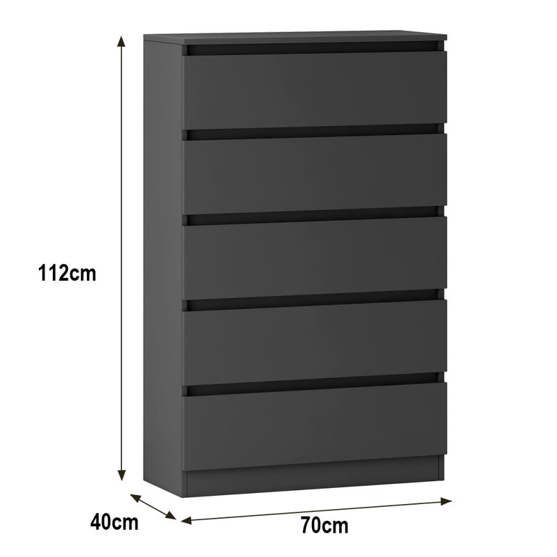 Deloise 5 Drawer 70Cm W Chest of Drawers Nightstand Bedside Cabinet, Dark Grey