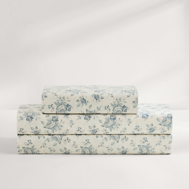 Rose Garden Cotton Sheet Set Blue, Twin Sheet Set with 1 Pilowcase