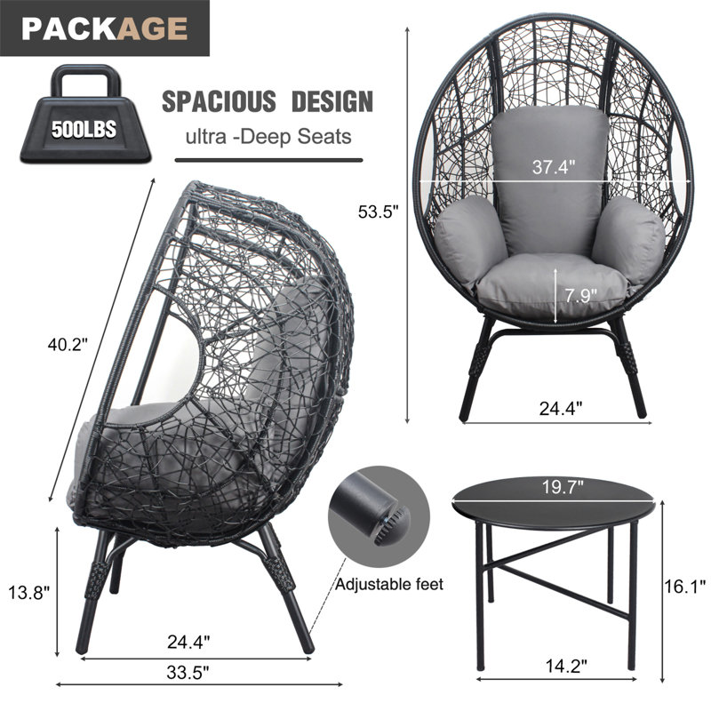 3 Pieces Patio Egg Chairs  With Side Table Set, Black/Grey