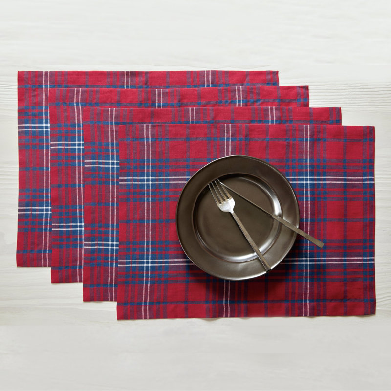 Solino Home Red Tartan Plaid - 100% Pure Linen Placemats (Set of 4)