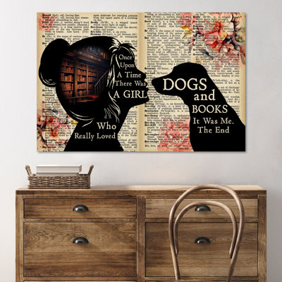 Long Hair Girl With Library Kissing A Dog - There Was A Girl Who Really Loved Dogs And Books - 1 Piece Rectangle Graphic Art Print On Wrapped Canvas