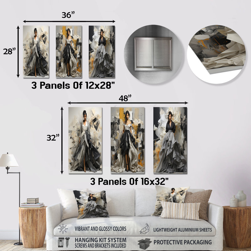 Black Fashion Fusion Couture Creation II - Fashion Metal Prints Set Of 3, 28" H x 36" W