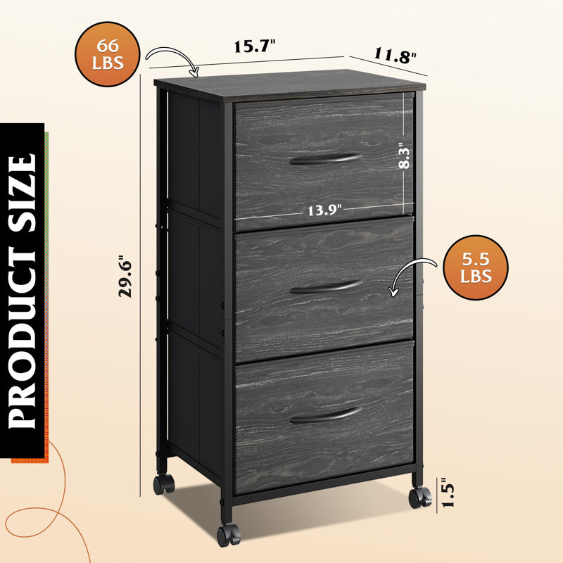 Dresser with 3 Drawers, Fabric Nightstand, Cabinet with Wheels, Organizer Storage Dresser for Bedroom, Office, Entryway, Closets, Sturdy Steel Frame, Wood Top, Easy Pull Handle