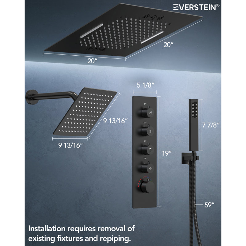 Robinet de douche thermostatique musical, système de douche double 20 po avec éclairage d'ambiance à DEL, Noir mat