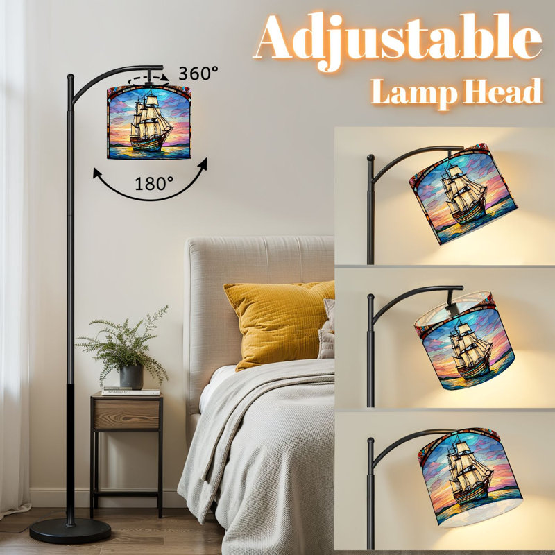 Arc Floor Lamp with Adjustable Lampshade Ship Sailing Sea Sunset Standing Lamp 3 Color Temperatures Dimmable Tall Pole Lamp with Foot Switch for Bedroom