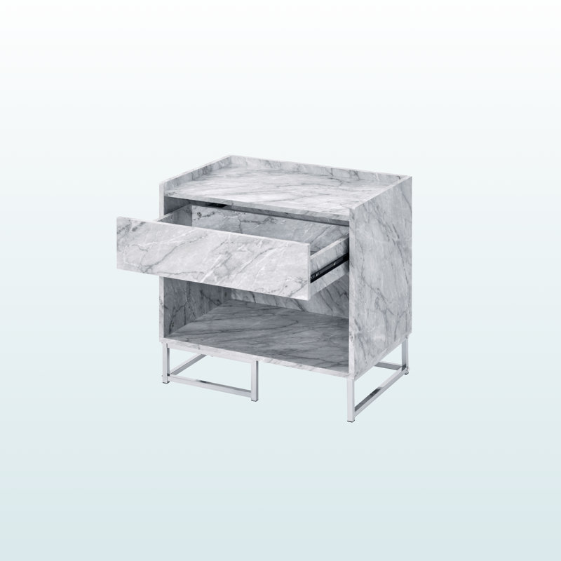 Élégante table d'appoint blanche Appia - Plateau en pierre reconstituée avec base chromée pour décorer une chambre ou un salon