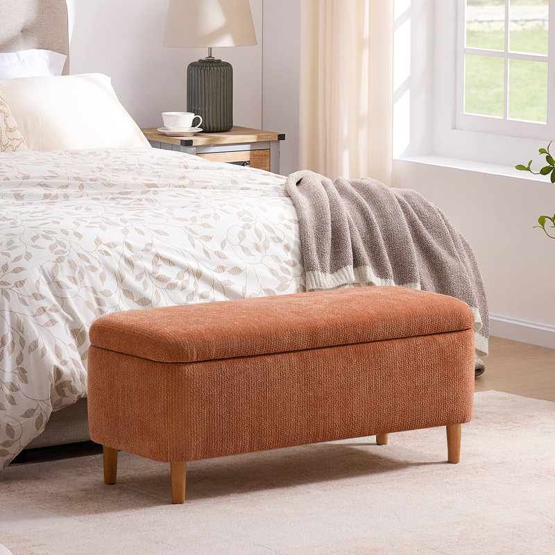 Polyester Upholstered Storage Bench, Orange