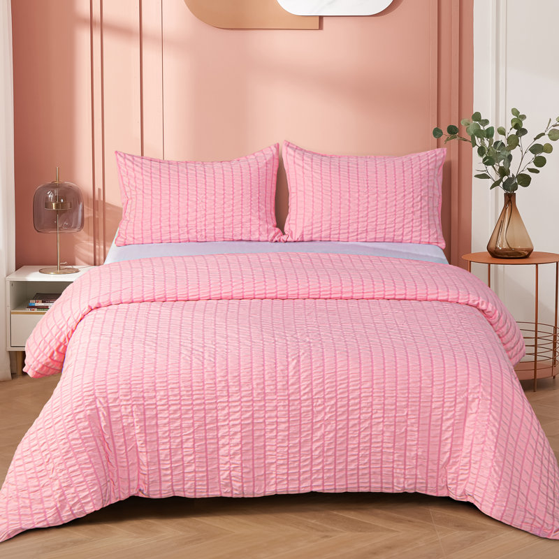3 Pieces Duvet Cover Set, Stripe Washed Microfiber Comforter Cover with Zipper Closure - NTBAY, Pink