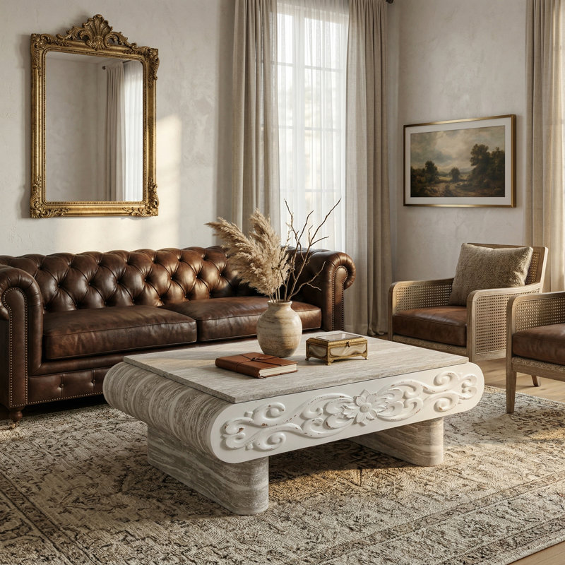 Table basse relevable avec rangement dissimulé et surface de travail extensible, finition bois