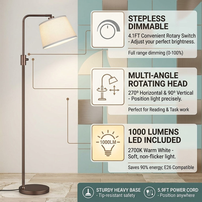 Lampe sur pied à arc à intensité variable avec abat-jour en lin et ampoule à DEL Edison, Beige, Brun
