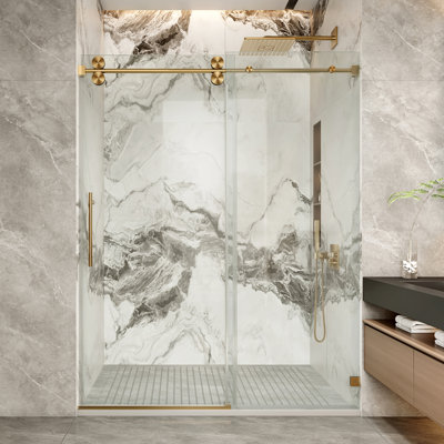 Porte de douche coulissante simple sans cadre de 46 à 49 po x H 76 po Sola avec verre trempé transparent de 3/8 po (10 mm) certifié SGCC en or brossé