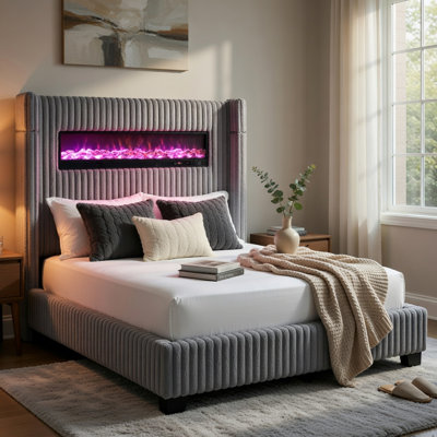 Feny Queen Size Bed With LED Fireplace, Gray Upholstered Wingback Headboard