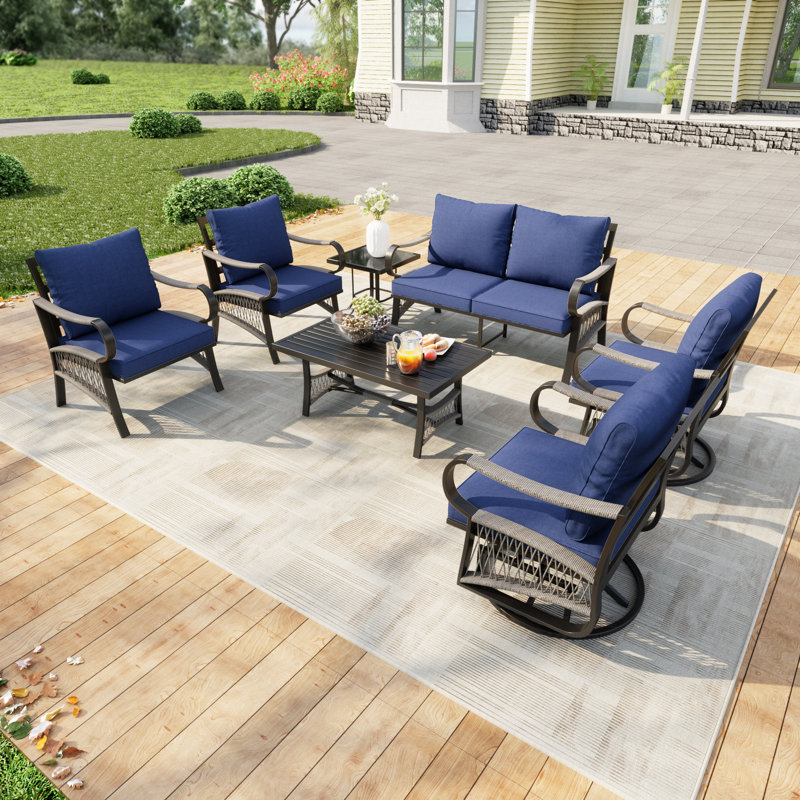 Metal 6-Person Sofa Seating Group With Blue Cushions, Blue