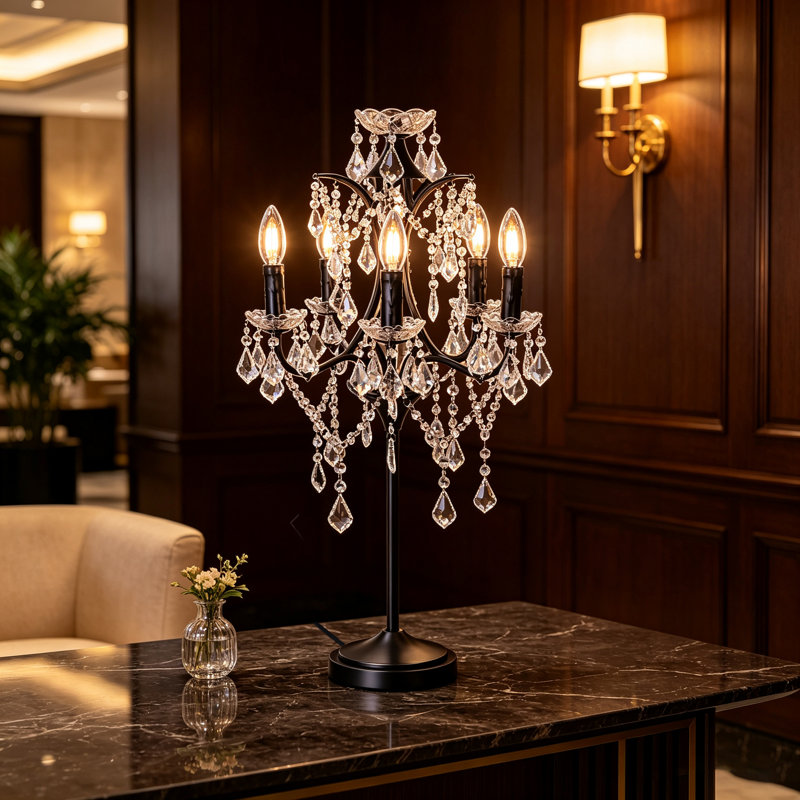 5-light Farmhouse Tranditional Crystal Table Lamp Black Craft Candelabra Lighting Fixture