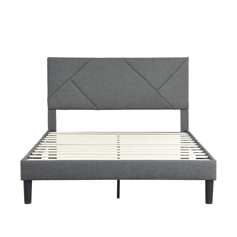 Lit double gris avec tête de lit tapissier, support de lattes en bois massif, sans sommier, cadre de plateforme facile à assembler, conception, lattes, limite de 500 lb