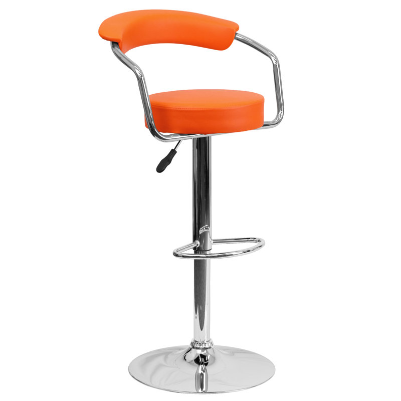 Contemporary Vinyl Adjustable Height Barstool with Arms and Chrome Base, 19.5"W x 19.5" D x 42.25"H, Red, 1