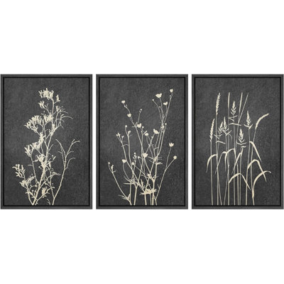 Minimal Botanical "Black Gray Plant Floral Botanical Artwork, Modern Abstract Neutral Wall Pictures, Framed Canvas Giclée Print 3 Pieces Wall Art" 16"x24"x3 pcs, 24"x36"x3 pcs